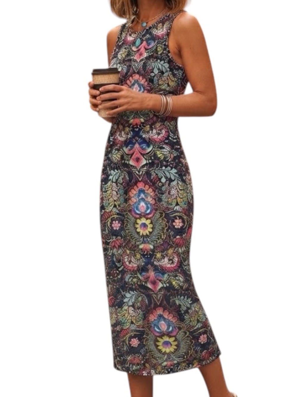 PRIMARK ATMOSPHERE Bohemian Y2K Paisley Print Tank Bodycon Midi Dress Black 6